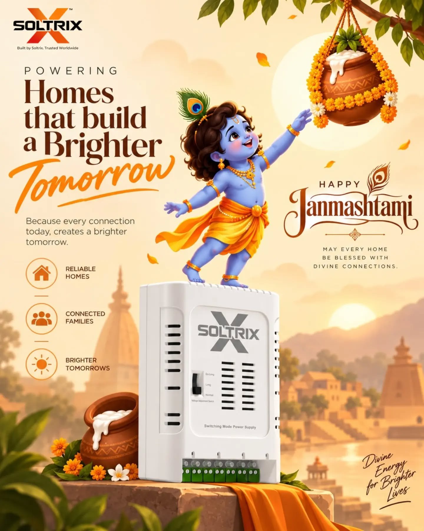 This Janmashtami, celebrate the power that keeps every home connected, protected, and ready for a brighter tomorrow.

With Soltrix, every connection becomes a step towards reliable homes, connected families, and brighter lives.

🪷 Happy Janmashtami!

May your home always be filled with divine energy, happiness, and prosperity.

#HappyJanmashtami #Janmashtami2026 #KrishnaJanmashtami #SmartHomes #Soltrix