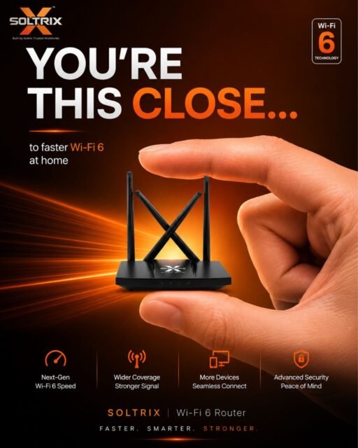 Your home has enough things competing for attention. Your Wi-Fi shouldn’t be one of them. 📶⚡

When work, streaming, gaming, smart devices and everything in between need to stay connected, your network needs to keep up.

The SoltriX Wi-Fi 6 Router is built for modern connected spaces, bringing faster connectivity, broader coverage and a smoother experience across multiple devices.

Less buffering. More browsing. More doing.
Because your connection should move at the speed of your life. 🚀

#wifi6 #wifirouter #internetspeed #networking #SoltriX

[WiFi 6, WiFi 6 router, WiFi router, wireless router, internet router, high speed WiFi, fast WiFi, faster internet, wireless networking, home WiFi, home networking, WiFi network, internet connection, broadband router, dual band router, high speed router, WiFi technology, network connectivity, seamless connectivity, wider WiFi coverage, strong WiFi signal, multiple device connectivity, smart home network, home internet, internet speed, networking solutions, networking products, router India, WiFi router India, SoltriX WiFi router]